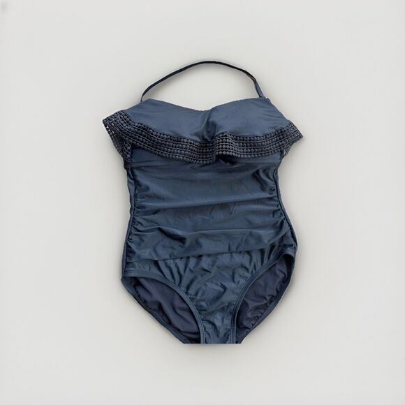 Kona Sol Swimsuit Black Sz S Women' Crochet Flounce Bandeau One Piece One strap - Picture 9 of 13